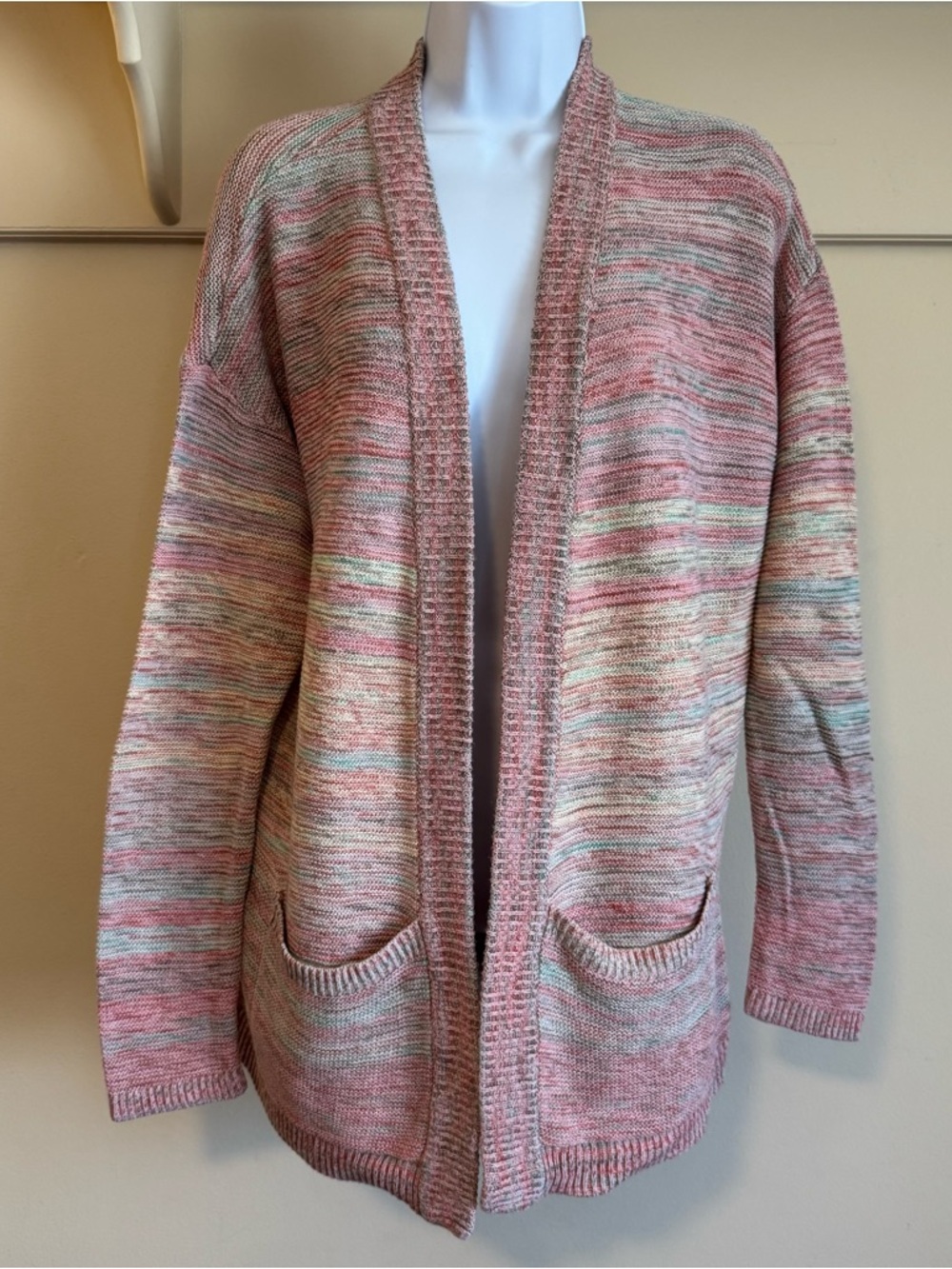 Maurices Pink Multi Color Long Sleeve Open Front Knit Pocket Cardigan Sweater XL